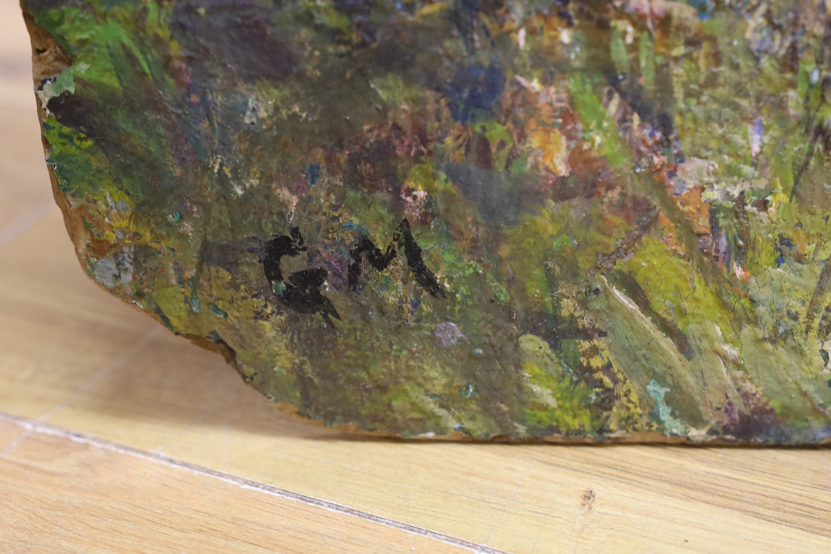 Gerald Moira (1867-1959), oil on board, 'Welsh Valley', signed with RI Exhibition label verso, 61 x 77cm, unframed